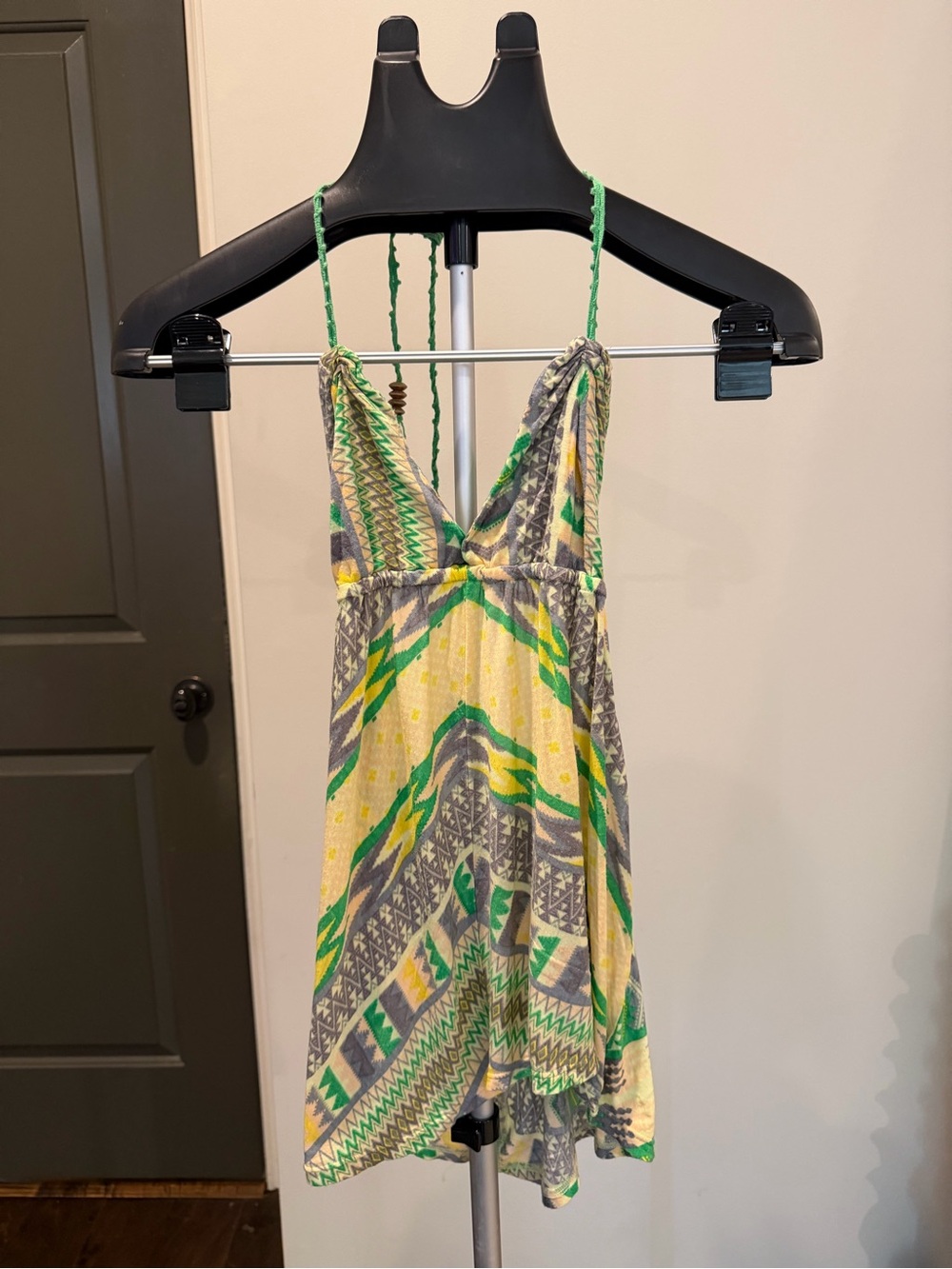 Free People Green Tribal Print Halter Tank Tunic Small Boho Open Back Top